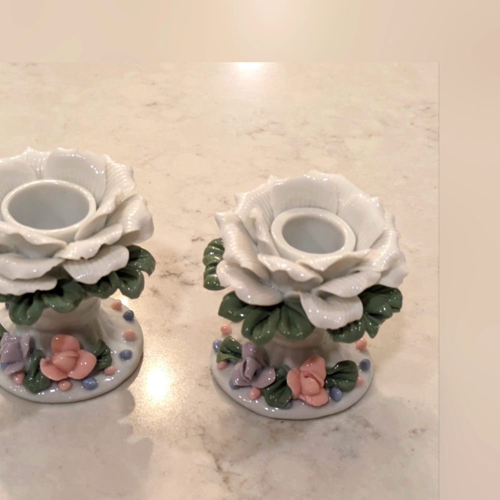 Set of 2 Ceramic Candles Holders 3" Multicolor Unmarked Excellent Condition